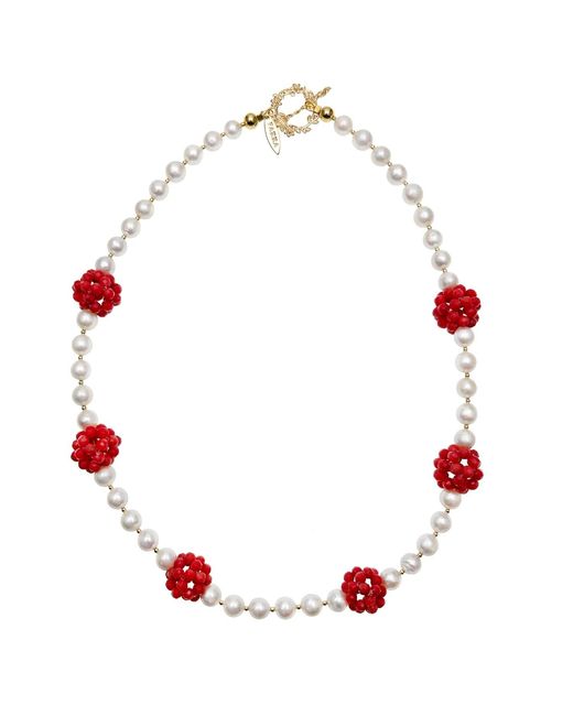 Farra Red Coral Flower Ball And Freshwater Pearls Statement Necklace
