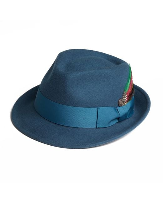 Dasmarca Hats Blue Darwin Felt Trilby With Feather for men
