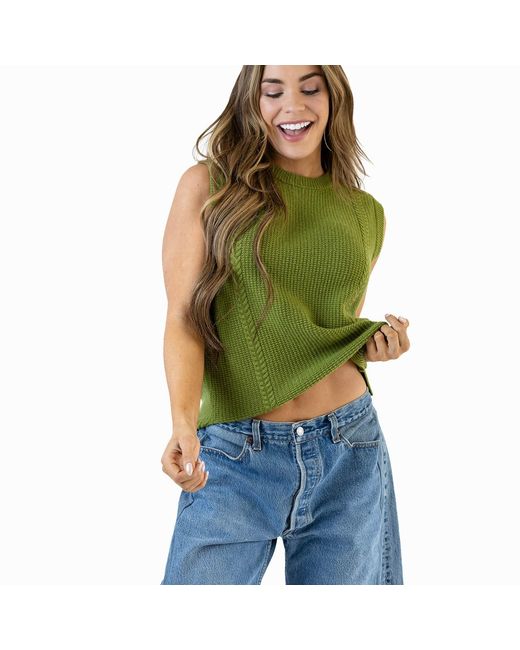 Zenzee Green Wool Cashmere Crew Neck Cable Knit Vest