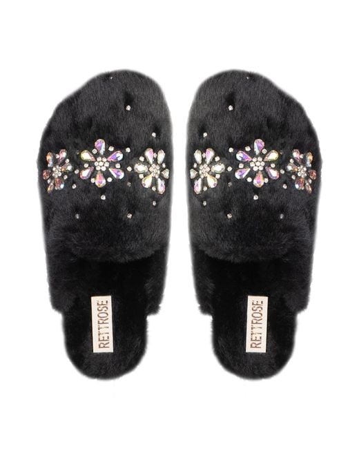 Rettrose Black Kamila Luxury Plush Diamanté Embellished Handmade Slipper