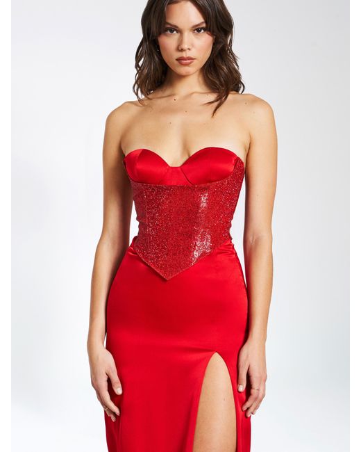 Miss Circle New York Red Kadesha Crystal High Slit Satin Corset Gown