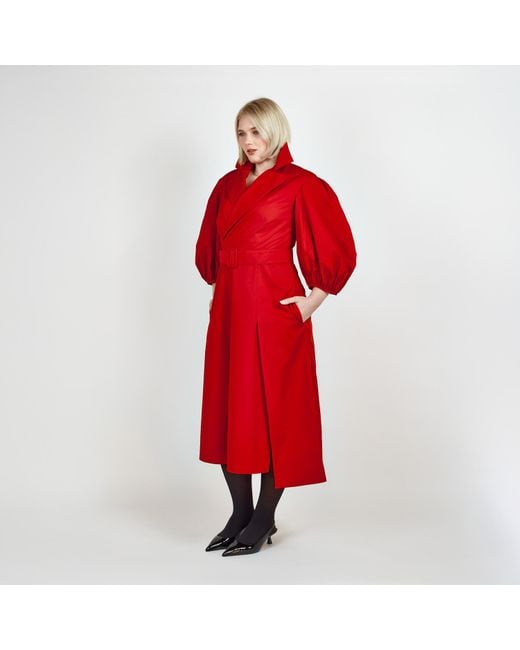 Femponiq Red Wide Lapel Asymmetric Belted Midi Cotton Dress