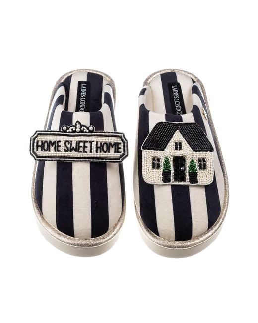 Laines London Black Flatform Stripe Closed Toe Slippers With Home Sweet Home Brooches