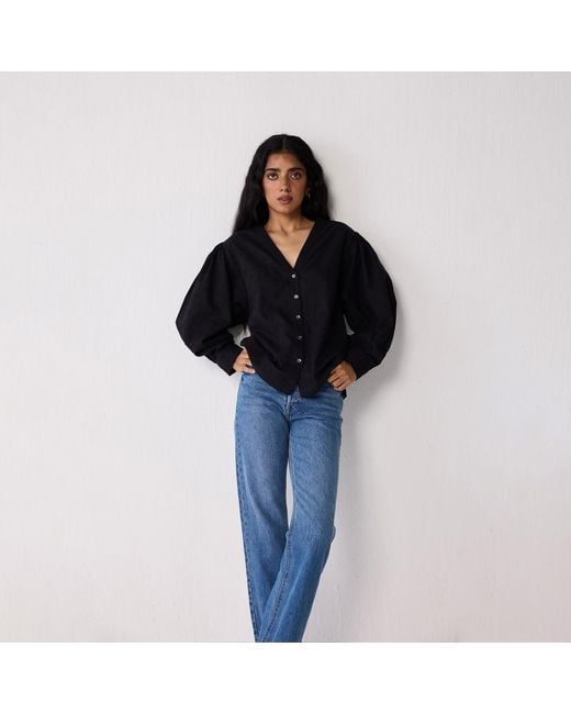 REISTOR Black Embroidered Shirt With Long Balloon Sleeves