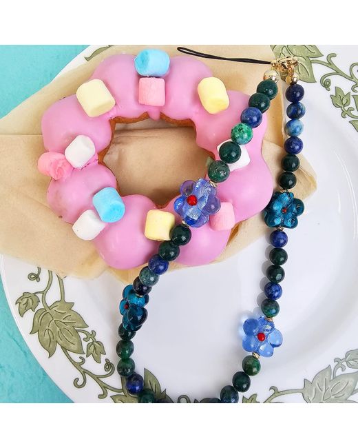 Farra Blue Phoenix Lapis Gemstone With Flowers Phone Semiprecious Stone Strap