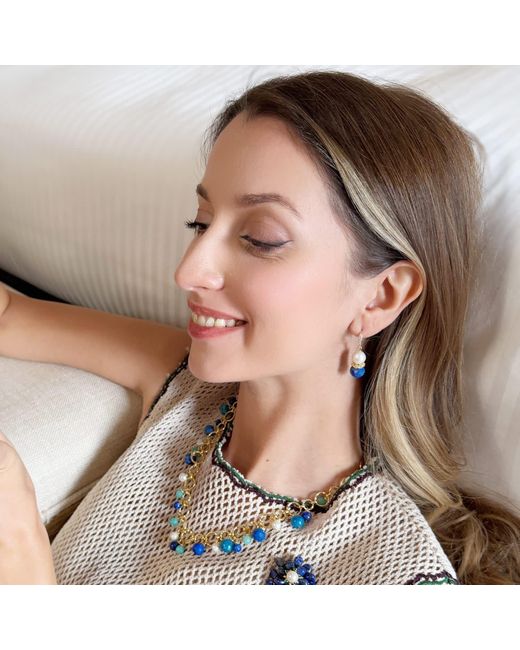 Farra Blue Royal Lapis & Pearl Floral Dangle Earrings