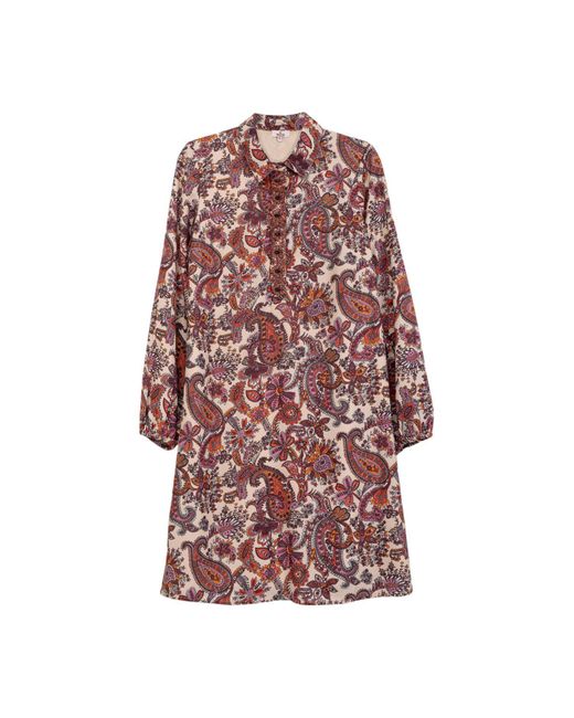 Niza Multicolor Neutrals Short Dress With Lapel Collar And Embroidery