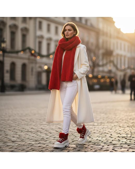 Beautiisoles by Robyn Shreiber Made in Italy Red Francy Leather & Faux Fur Comfortable Ankle Hiking Valentine Bootie