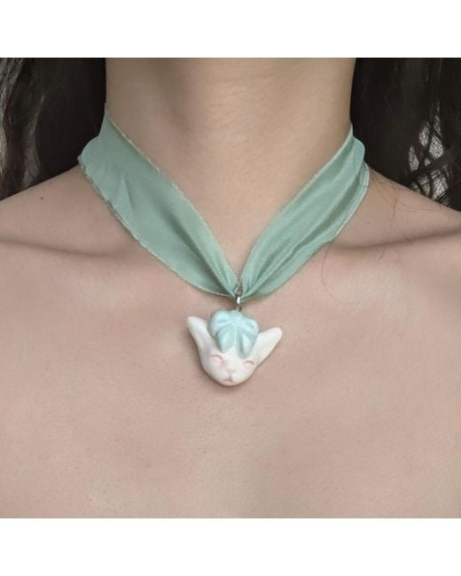 H2 Studio Blue Angry Puss Summer Silk Necklace Bowtie Cat