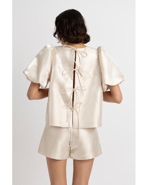 Amy Lynn White Neutrals Aurelia Puffball Satin Tie Top