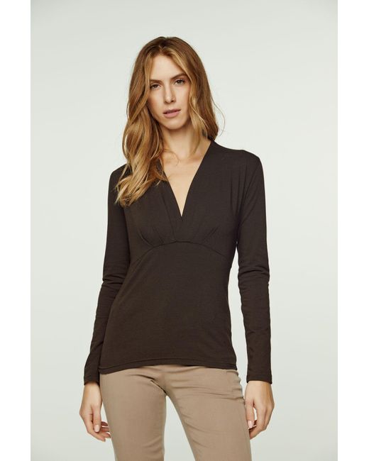 Conquista Black Long Sleeve Faux Wrap Top In Stretch Jersey Sustainable Fabric