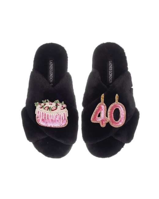 Laines London Black Classic Laines Slippers With 40th Birthday & Cake Brooches