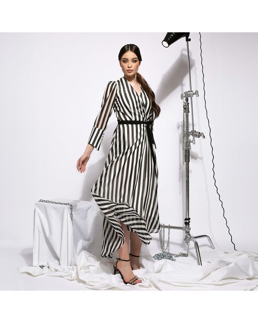 Larisa Dragna Black Monochrome Stripes Asymmetric Wrap Dress