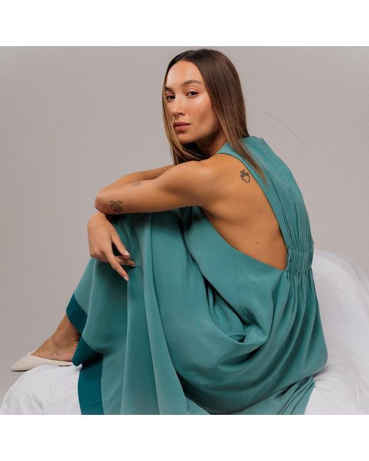 Langner Women's Blue Mint Viscose Cupro Flared Dress With Stunning Back Detail
