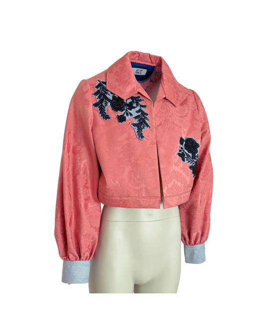 Couture to Your Door Red Brocade Upcycled Denim Jacket