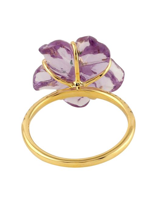 Artisan Purple Yellow Gold Flower Shape Ring Emerald Diamond Mix Stone Jewelry
