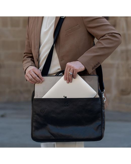 Time Resistance Black Leather Briefcase Laptop Bag for men