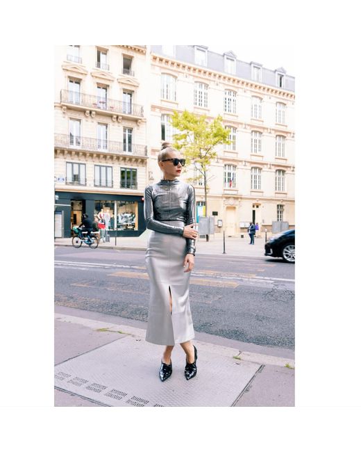 Julia Allert Gray Mermaid Faux Leather Midi Skirt With Slit