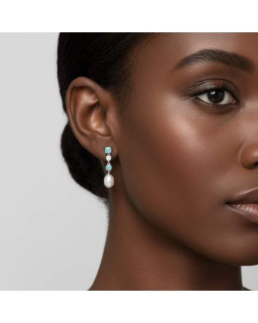 Latelita London White Pearl Whisper Drop Earrings Paraiba Tourmaline