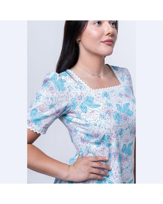 House of Gl Blue Ciela Cotton Lace-Trim Mini Dress