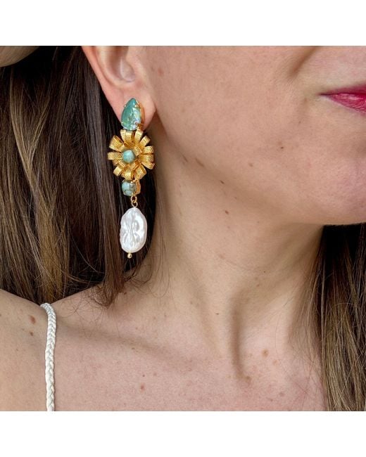 Laura Gray Blue Flower Baroque Pearl Drop Post Earrings