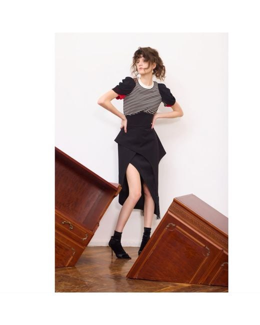 Julia Allert Black Striped Knit Blouse With Mesh Puff Sleeves