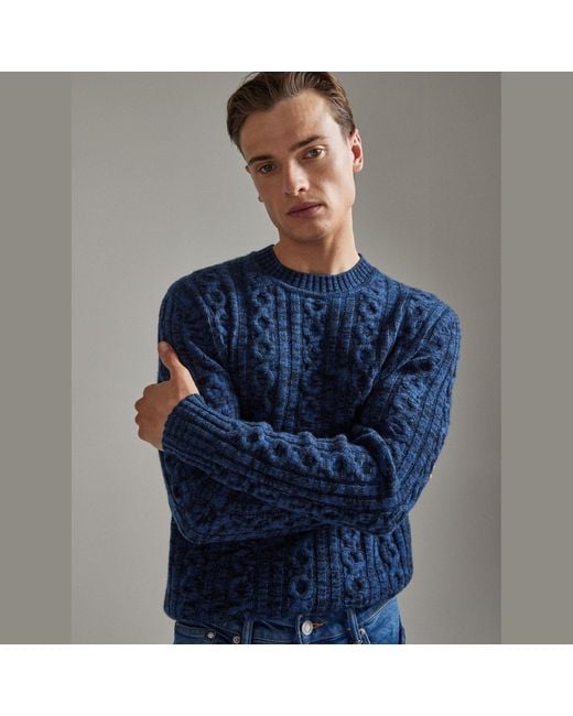 Salts Cashmere Blue Space Dyed Cable Crew Neck Sweater
