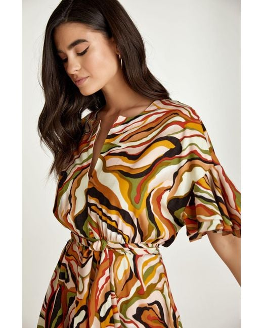 Conquista Brown Brick Colour Print Dress With Ruffle Sleeves