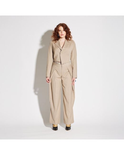 Circular Path Natural Neutrals Asymmetric Crop Pinstripe Blazer