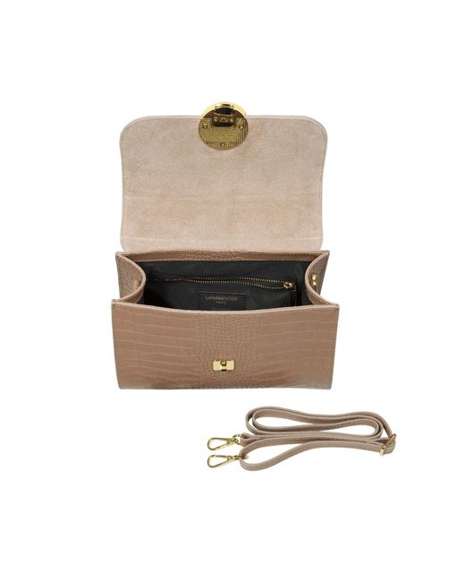 Le Parmentier Natural Neutrals Bombo Croco Embossed Leather Top-Handle Satchel Bag W/Strap