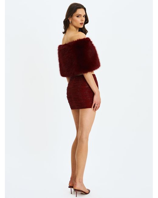 Miss Circle New York Red Darla Burgundy Faux Fur Off-Shoulder Cropped Top