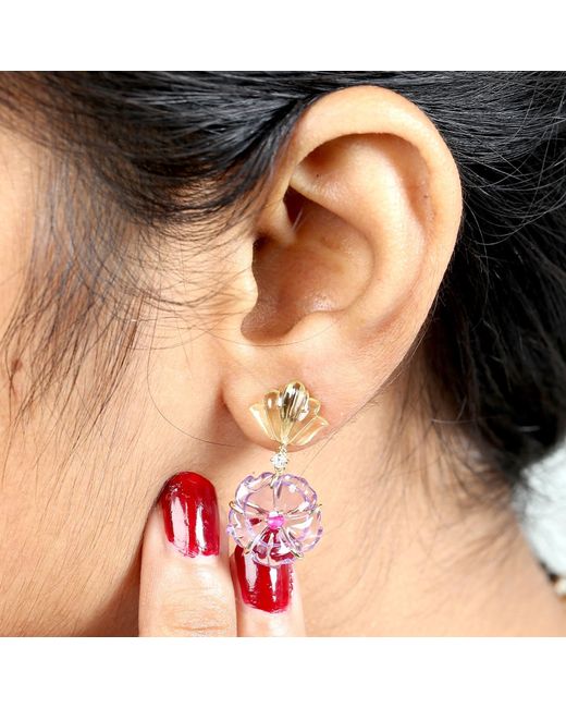 Artisan Metallic Carved Mix Stone In Flower Shape & Ruby Pave Diamond In 14k Solid Gold Classic Earrings