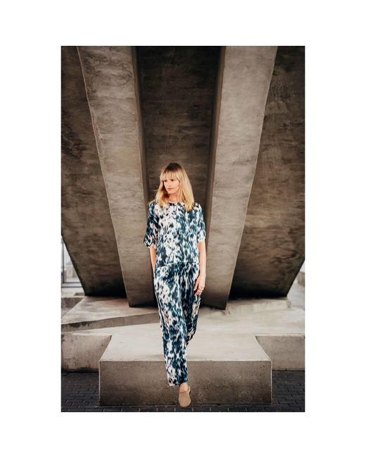Oh!Zuza Blue Neutrals Echo Wide-Leg Viscose Satin Trousers – Print
