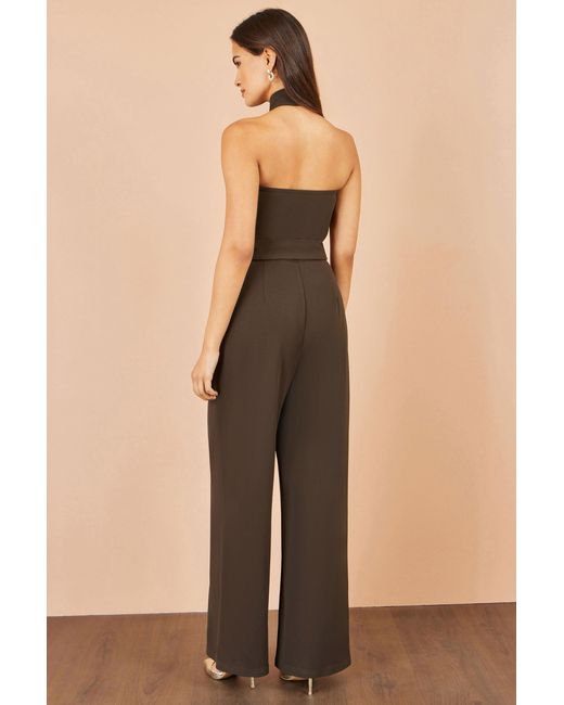 Yumi' Brown Cross Over Halter Neck Jumpsuit