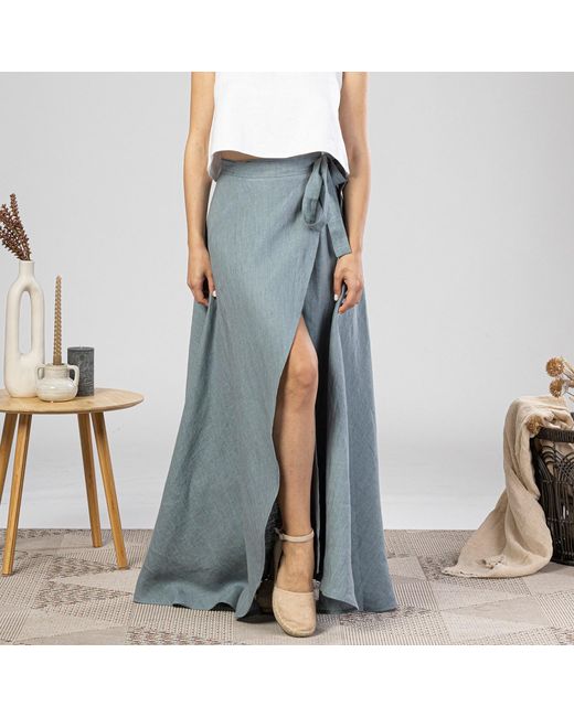 Nikka Place Blue Summer Beach Linen Wrap Skirt With Tie
