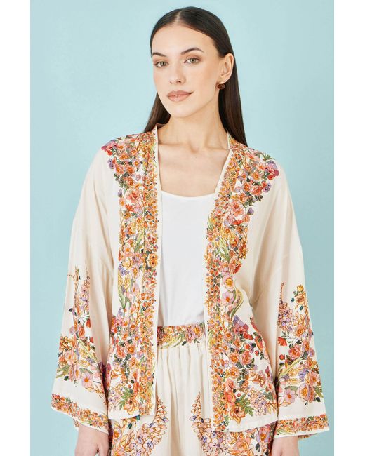 Yumi' Metallic Neutrals Ivory Viscose Floral Border Kimono With Tie Belt