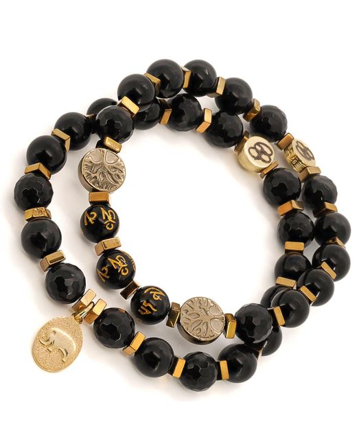 Ebru Jewelry Black Onyx Stone Beaded Elephant Charm Mantra Bracelet Set