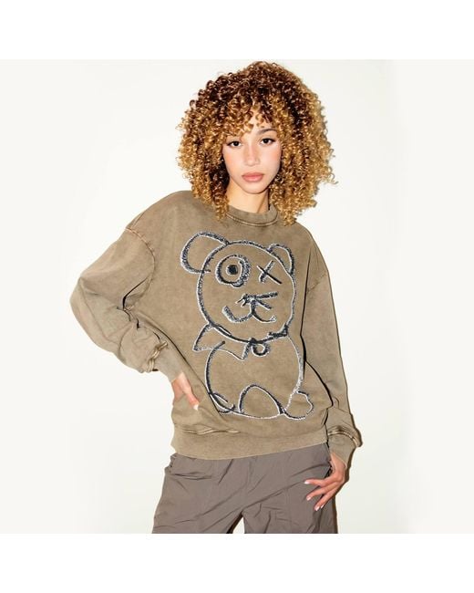 X Ilona Blue Gray Graffiti Teddy Bear Vintage Washed Cotton Sage Crewneck