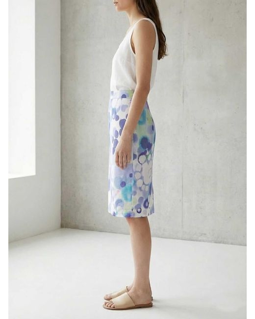 Conquista Blue Abstract Print Midi Pencil Skirt