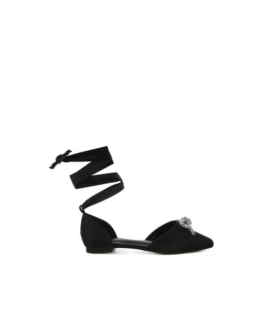 Rag & Co Black Simina Rhinestone Detail Bow Flat Sandals