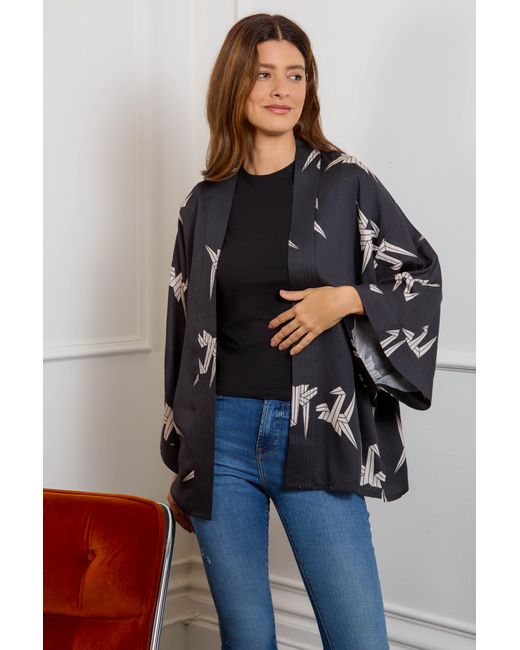 Artemis Muse Blue Neutrals Japanese Origami Bird Print & Ivory Short Light Weight Kimono