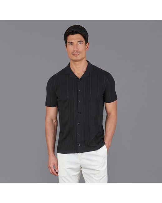 Paul James Knitwear Black Ultra Fine Cotton Santiago Open Knit Cuban Collar Shirt for men