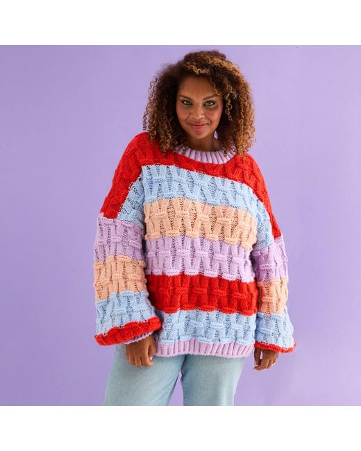 Cara & The Sky Red Mandy Criss-Cross Stitch Balloon Sleeve Stripe Jumper