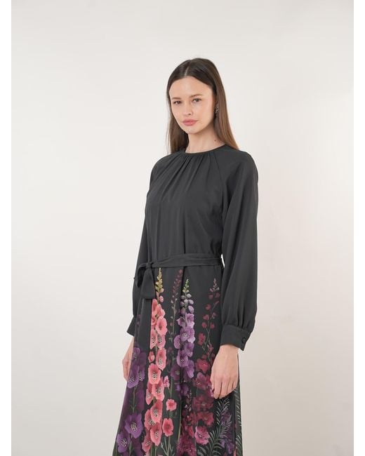 John Abgin Black Chiffon Floral Placement Print Maxi Dress