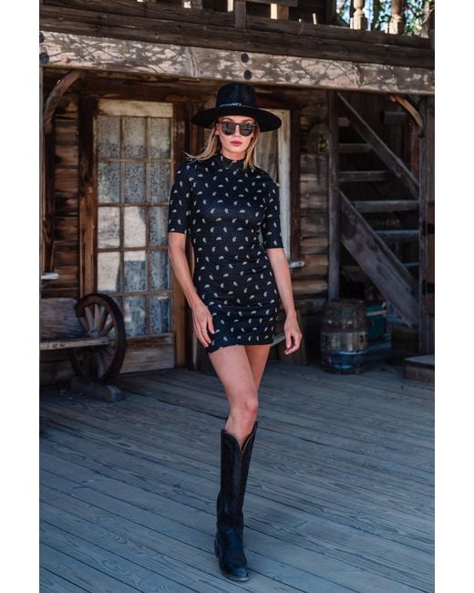 Jennafer Grace Black Paisley Villain Mockneck Mini Dress