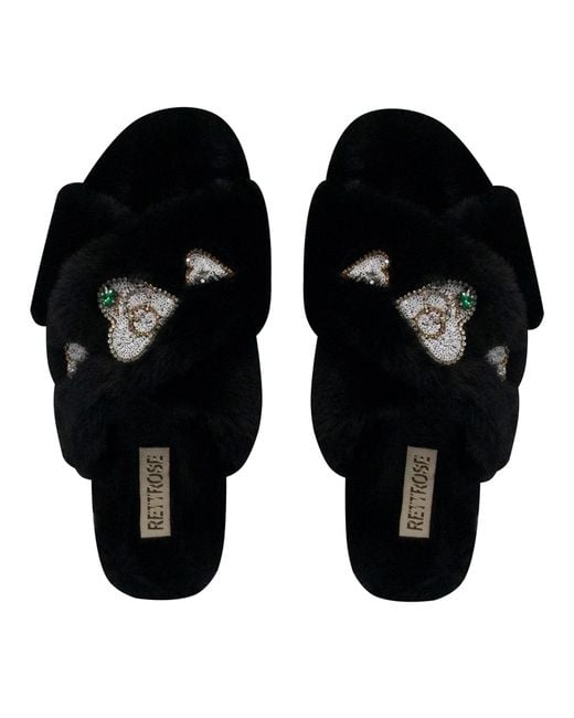 Rettrose Black Emmy Luxury Plush Diamanté Embellished Handmade Slipper