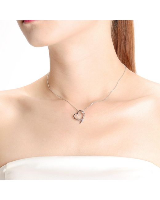 Genevive Jewelry Metallic Sterling Silver Black Cubic Zirconia Double Heart Necklace