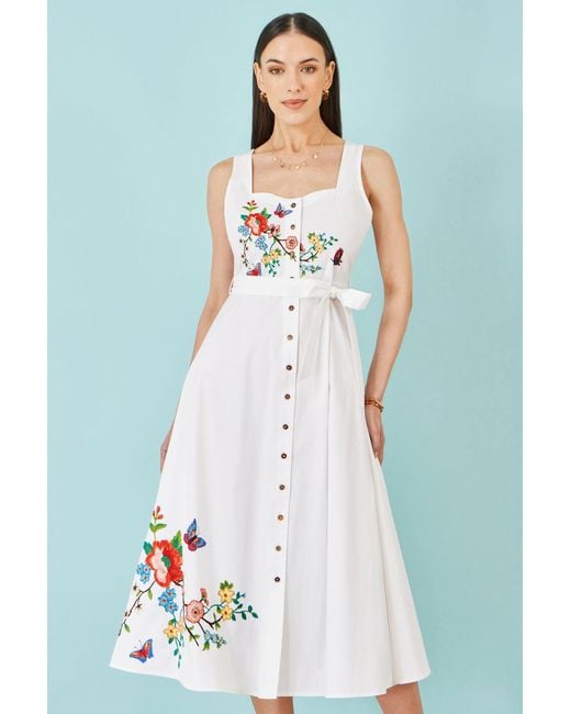 Yumi' White Cotton Midi Dress With Embroidery