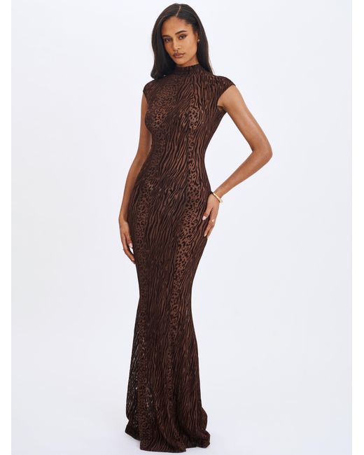 Miss Circle New York Gray Tyanna Mocha Burnout Velvet Mesh Backless Mermaid Maxi Dress