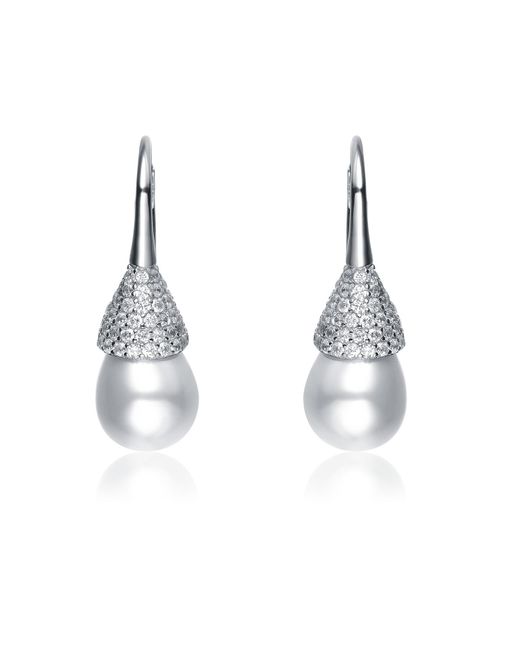Genevive Jewelry Blue Sterling Silver White Gold Plated Cubic Zirconia And Pearl Bulb Earrings